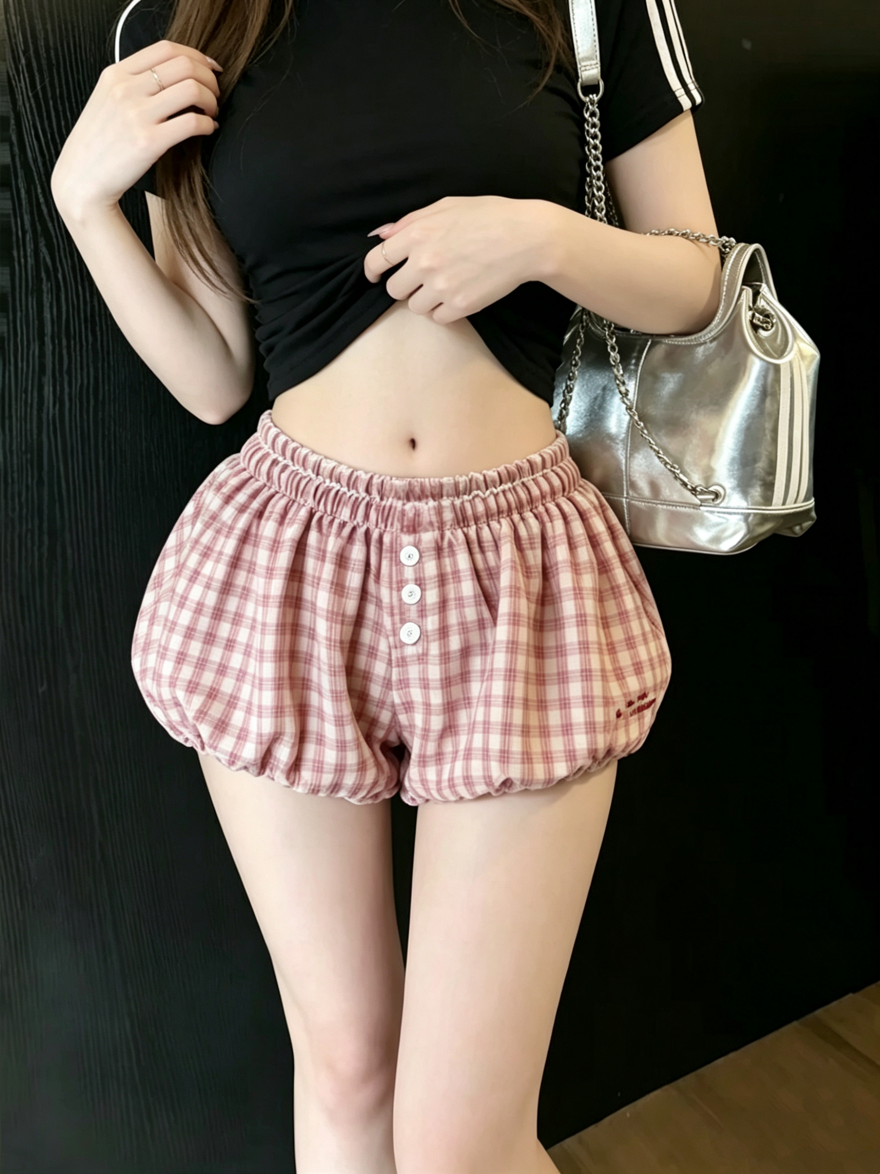 실사 꽃밭 초단 체크무늬 핫걸 패션 다용도 반바지 여성