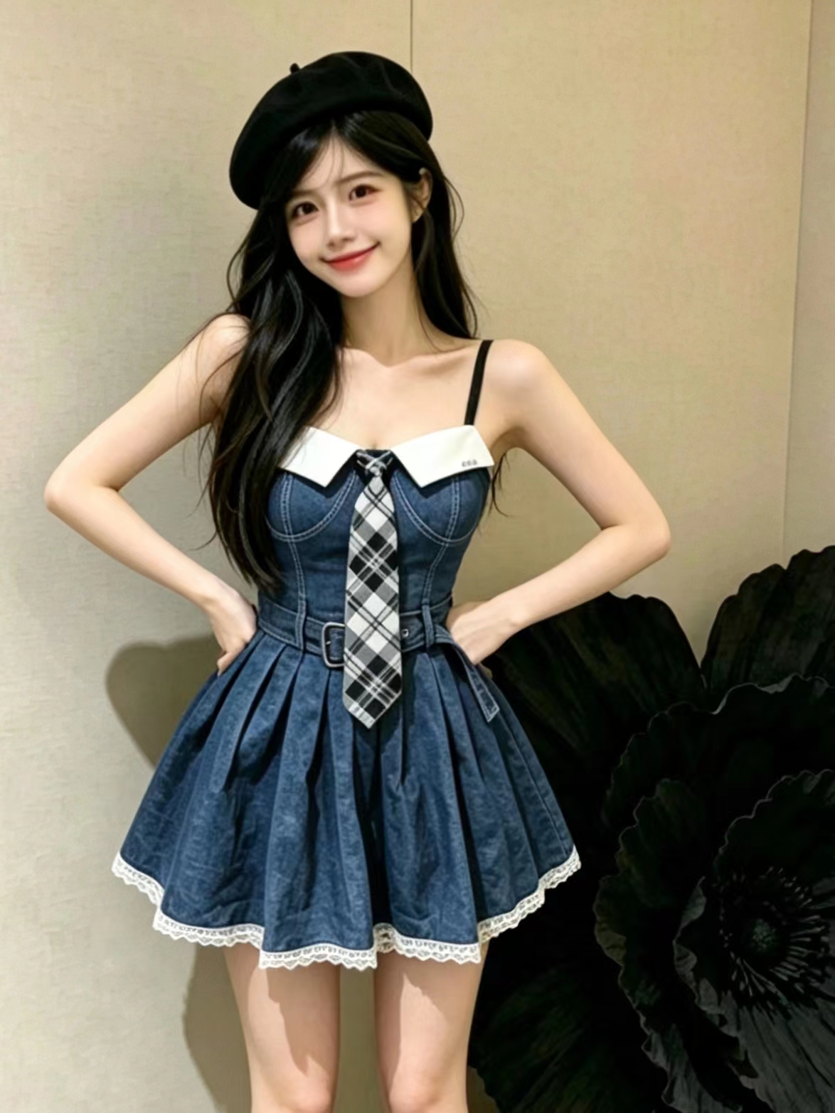 실사 패션 슬립 넥타이 핫걸 허리 수축 모방 데님 신축성 여성 드레스