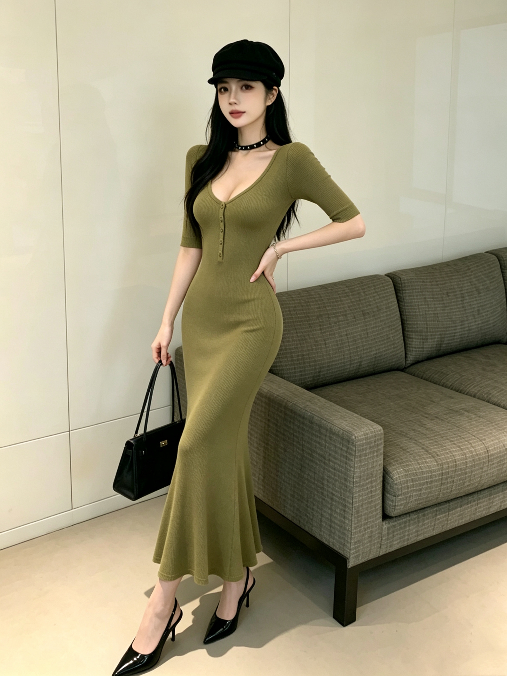 绿色v领中袖弹力修身包臀长裙性感优雅连衣裙女  服裝批發女裝批發服飾貨源