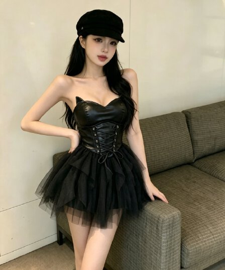 실사 섹시함 핫걸 다크 부서 개성 큰 진자 초단 튜브탑 포장 가슴 여성 드레스