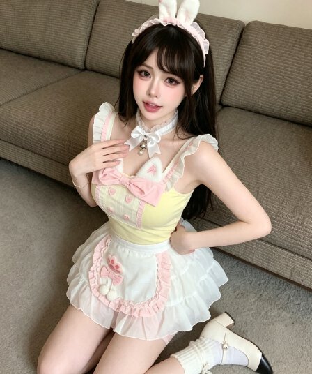 실사 귀여운 핫걸 요리사 세트 몸매 가꾸기 토끼 맨위 큰 진자 반신 스커트 앞치마 3종 세트 여성 의류