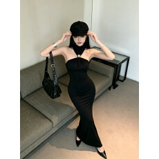 批发实拍~气质<b class='q'>长裙</b>工字黑色纯色<b class='q'>礼服</b>无袖开叉连衣裙性感辣妹女装