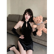 批发实拍~性感开叉<b class='q'>旗袍</b>复古辣妹珍珠装饰吊坠丝绒连衣裙