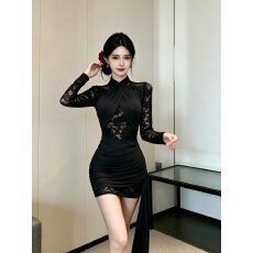批发实拍~挂脖<b class='q'>欧美</b>辣妹性感蕾丝长袖拼接紧身包臀连衣<b class='q'>裙</b>女