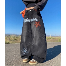 批发美式复古星星刺绣牛仔裤女新款宽松显瘦百搭阔腿<b class='q'>长裤</b>