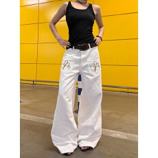 批发做旧擦色脏脏阔腿牛仔<b class='q'>裤</b>女重工设计反口袋复古个性直筒拖地长<b class='q'>裤</b>子