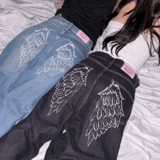 批发字母刺绣弯刀牛仔<b class='q'>裤</b>西海岸美式<b class='q'>裤</b>子高街vibe松弛感宽松直筒阔腿<b class='q'>裤</b>