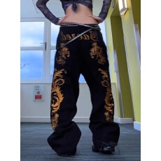 批发美式复古重工烫金印花黑色牛仔<b class='q'>裤</b>子朋克辣妹亚文化拖地<b class='q'>裤</b>