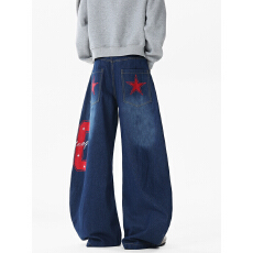 批发美式潮牌印花弯刀牛仔<b class='q'>裤</b>男女秋高街痞帅嘻哈<b class='q'>裤</b>子复古宽松阔腿长<b class='q'>裤</b>