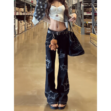 批发美式复古y2k辣妹星星刺绣牛仔<b class='q'>裤</b>女秋季潮牌高街修身显瘦直筒长<b class='q'>裤</b>