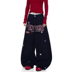 批发美式复古高级感字母星星刺绣弯刀牛仔<b class='q'>裤</b>女宽松直筒休闲百搭阔腿<b class='q'>裤</b>