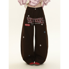 批发美式复古星星刺绣牛仔<b class='q'>裤</b>男女同款秋冬新款宽松休闲百搭直筒阔腿<b class='q'>裤</b>