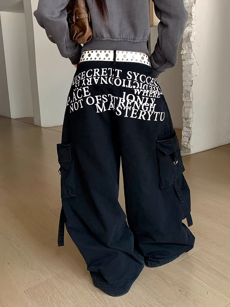 아메리칸 레트로 측면 빅 포켓 넓은 다리 워크웨어 팬츠 남녀 루즈핏 캐주얼 다용도 바닥 청소 긴 바지
