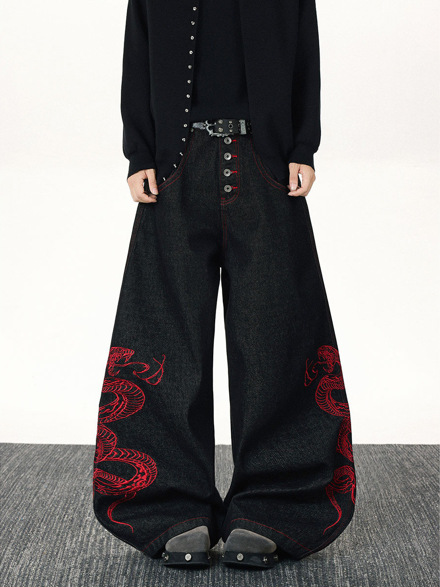 무거운 작업 3 차원 레드 드래곤 자수 검정색 단추 청바지 남녀 거리 아메리칸 레트로 루즈핏 와이드 레그 팬츠 어린이 트렌디