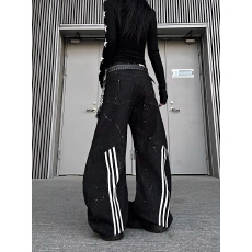 批发复古美式轻亚字母印花黑色宽松工装牛仔裤直筒阔腿拖地牛仔长裤子