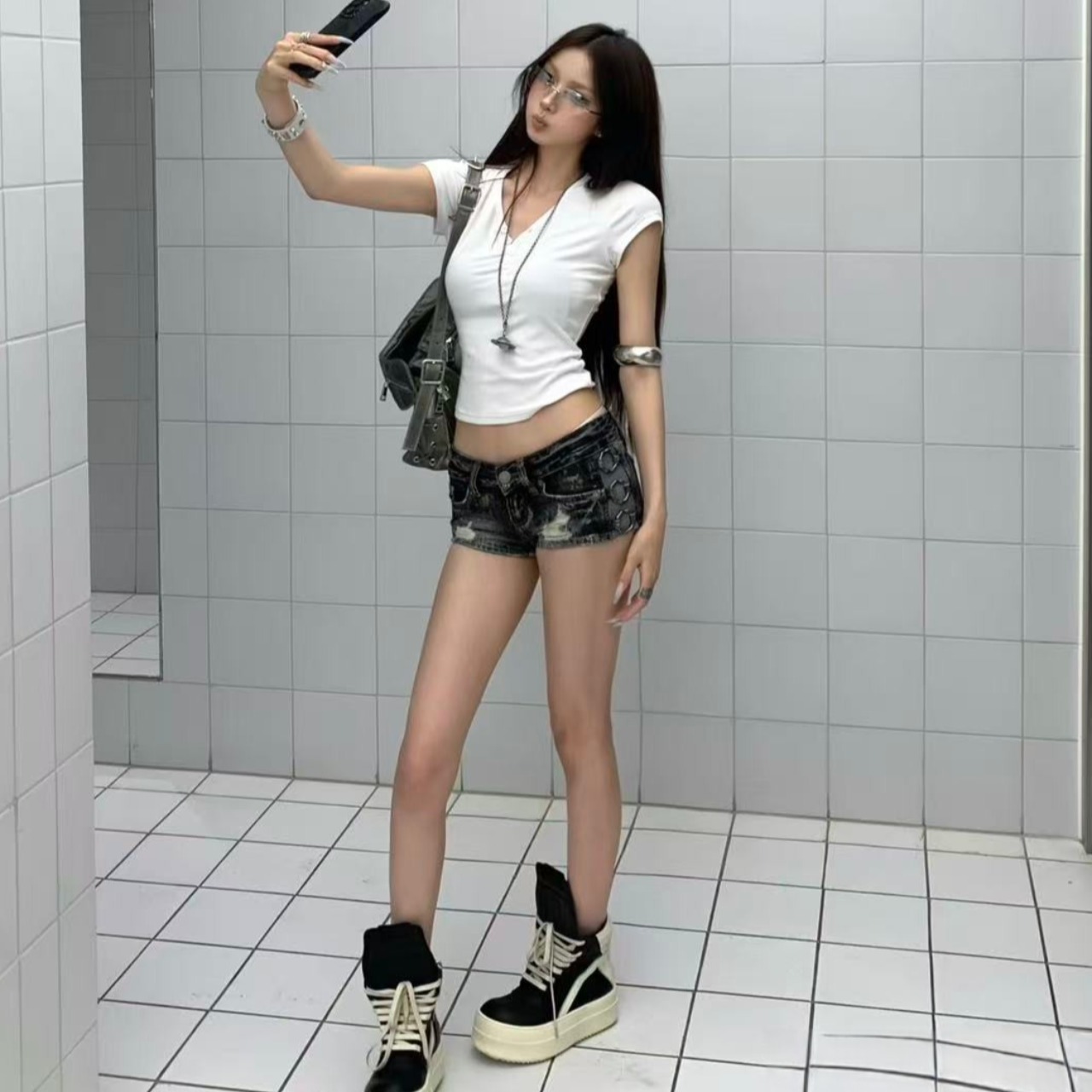 아메리칸 레트로 슈퍼 무거운 작업 원형 고리 로우 웨이스트 워싱 마 오래된 다림질 금박 데님 반바지 아메리칸 핫걸 몸매 가꾸기 핫 바지