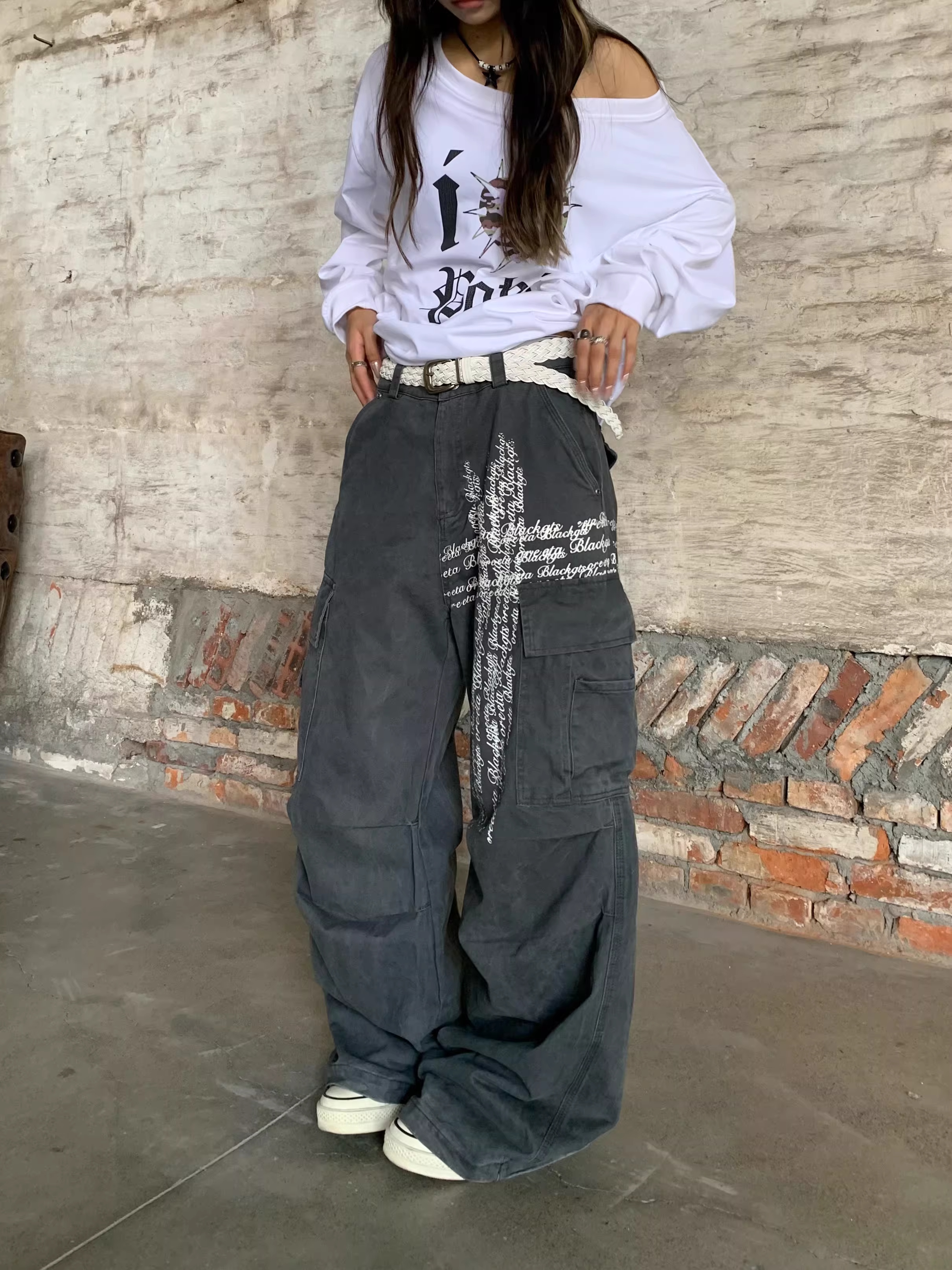 아메리칸 높음 거리 십자가 알파벳 프린트 워크웨어 청바지 여성 루즈핏 스트레이트 기타 주머니 넓은 다리 캐주얼 긴 바지