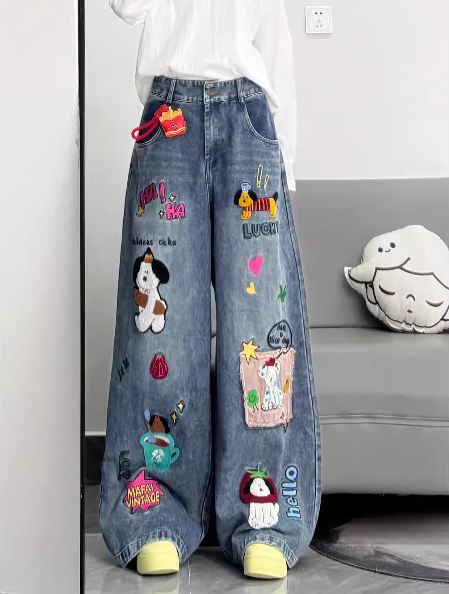 아메리칸 레트로 재미있는 귀여운 만화 패치 청바지 여성 새로운 루즈핏 스트레이트 캐주얼 다용도 와이드 레그 팬츠