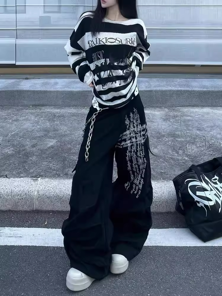 아메리칸 레트로 기타 주머니 알파벳 프린트 주름 워크웨어 팬츠 여성 거리 루즈핏 스트레이트 다용도 와이드 레그 팬츠 어린이