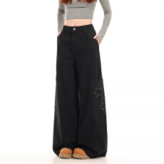 批发美式街头铆钉拼接十字架设计感直筒工<b class='q'>装</b><b class='q'>裤</b>女宽松阔腿<b class='q'>百搭</b>休闲长<b class='q'>裤</b>