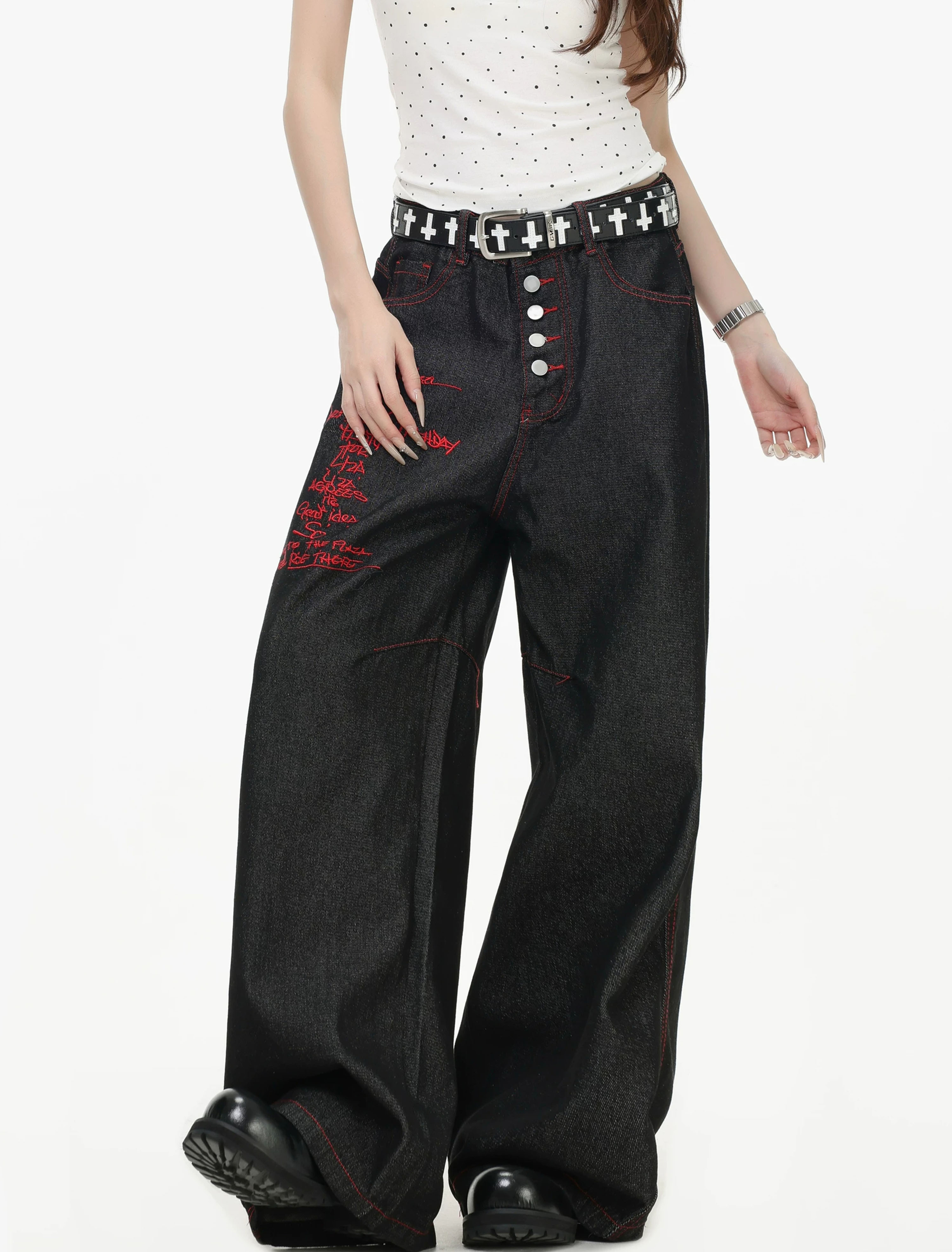 아메리칸 레트로 단추 명시적 스티치 알파벳 자수 넓은 다리 청바지 루즈핏 조수 브랜드 십자가 바닥 청소 긴 바지 y2k