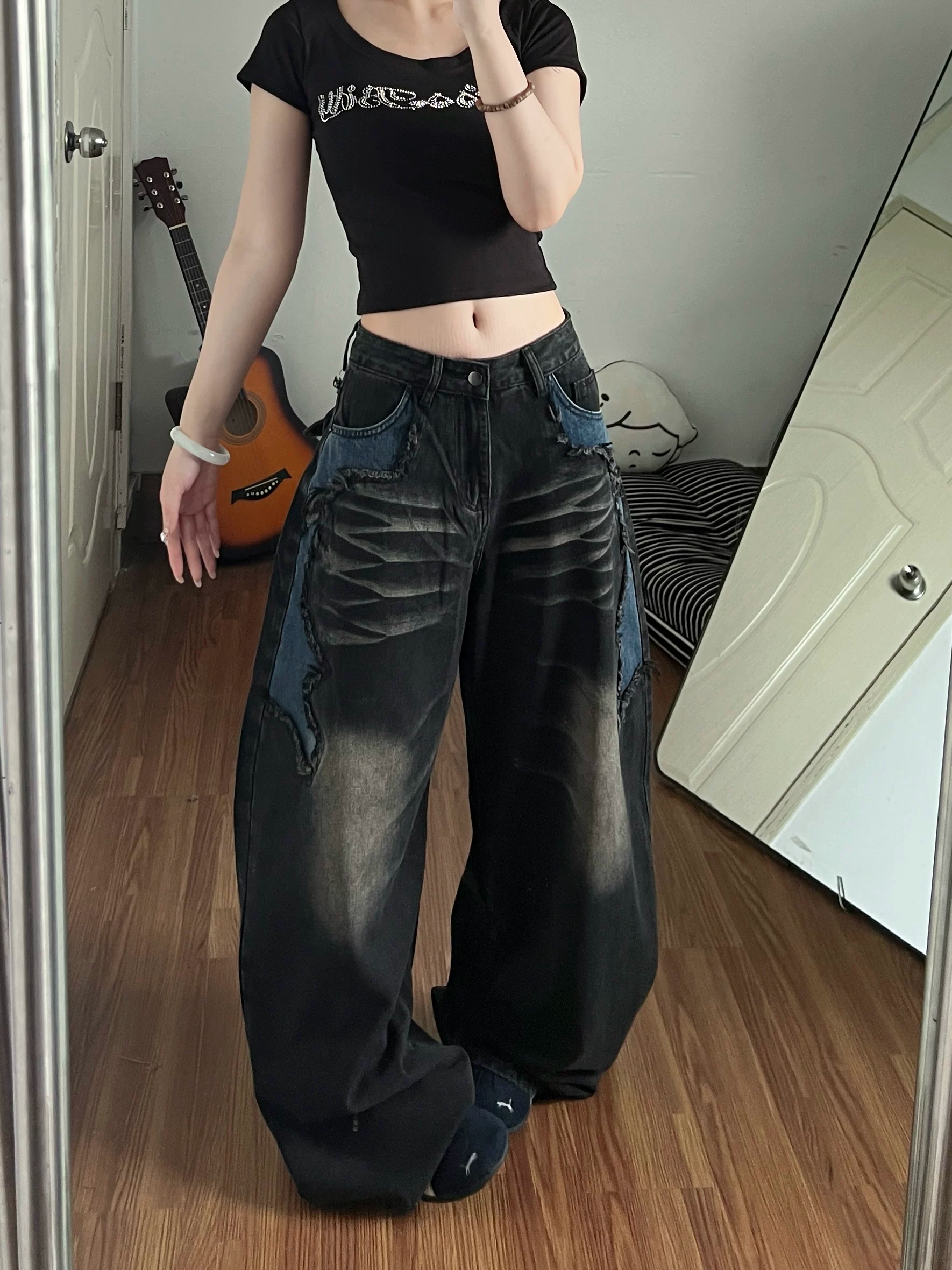 검정색 모통이 칼 청바지 여성 새로운 불모지 바람 레트로 스타일 패치워크 핫걸 거리 디자인 센스 와이드 레그 팬츠 어린이
