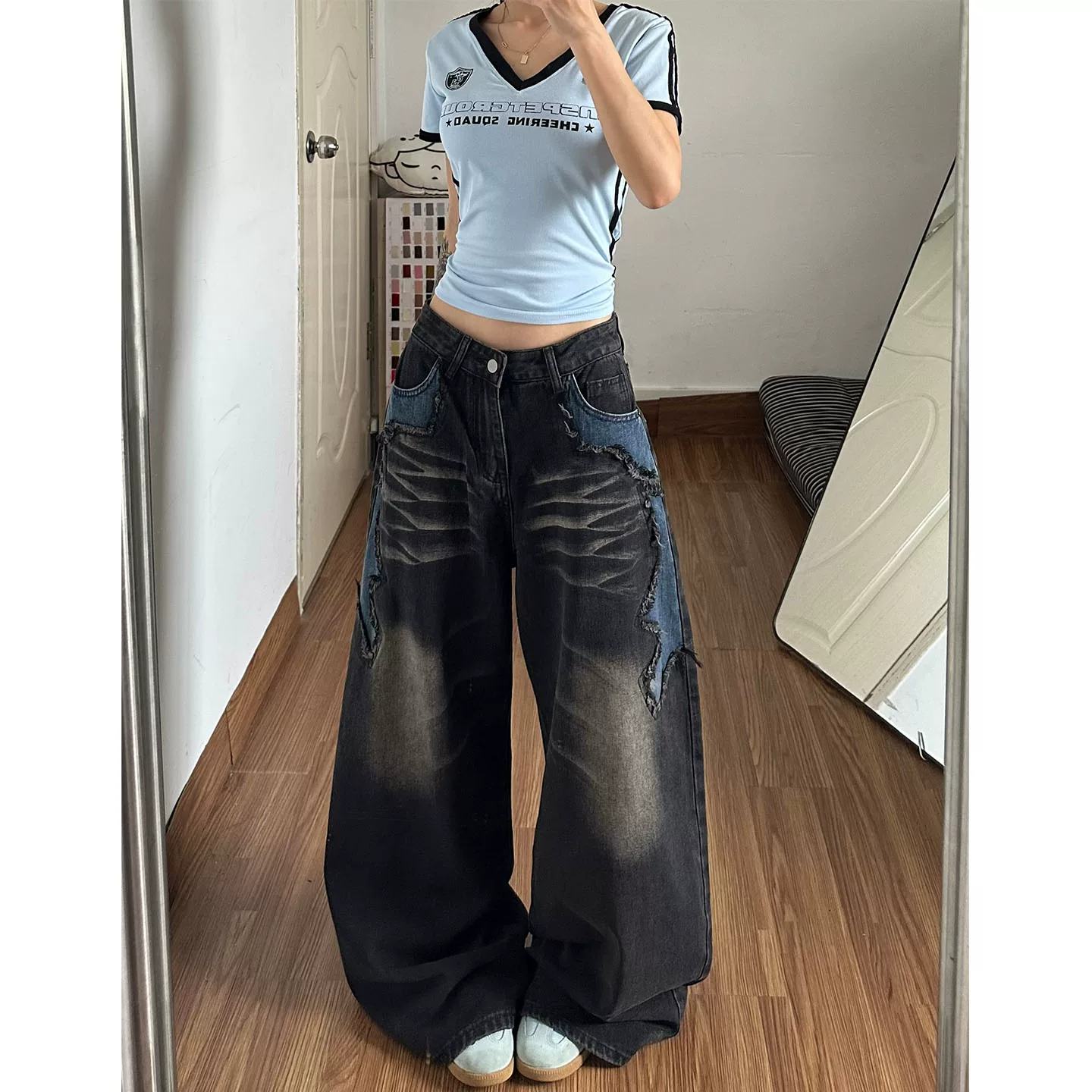아메리칸 고양이 반드시 검정색 모통이 칼 청바지 여성 새로운 루즈핏 다용도 섹션 레트로 패치워크 디자인 센스 와이드 레그 팬츠 어린이