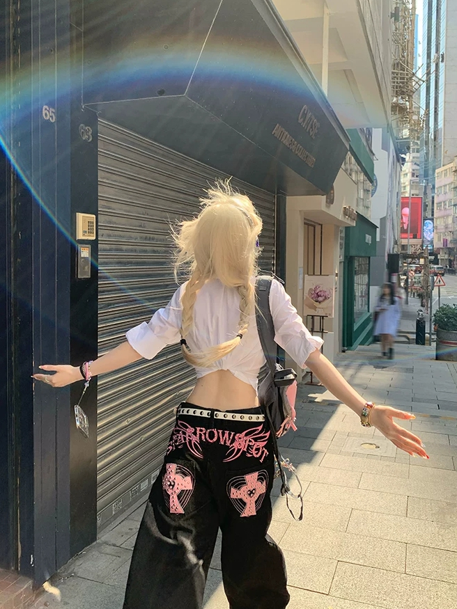 아메리칸 거리 바람 알파벳 십자가 프린트 징 모통이 칼 청바지 여성 넓은 다리 루즈핏 캐주얼 롱 바지 트렌디