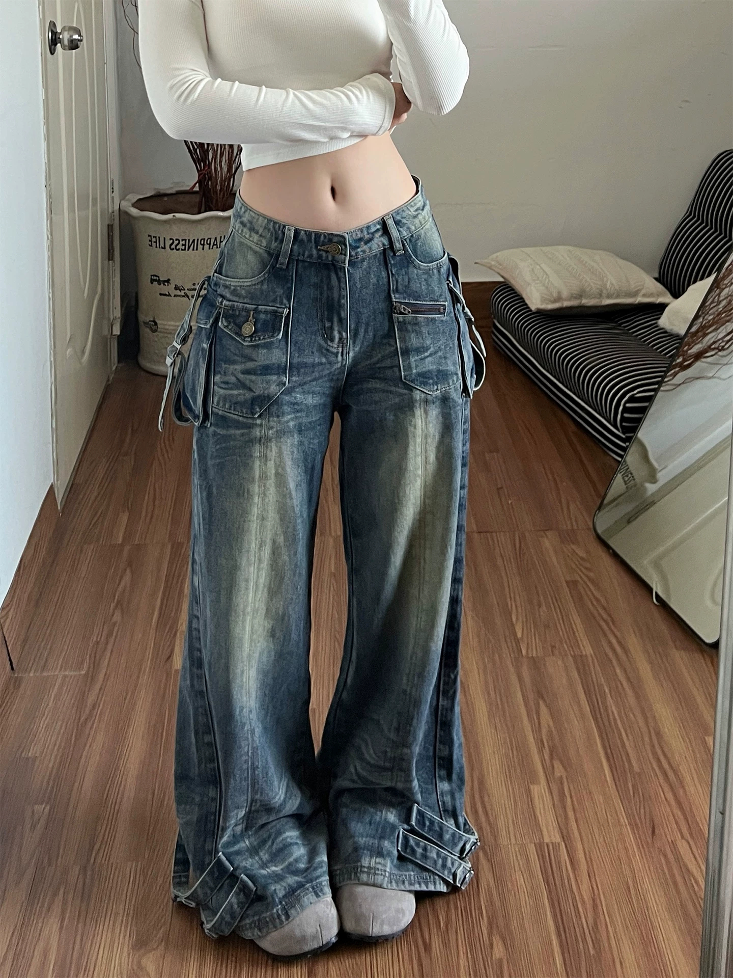 아메리칸 레트로 거리 워크웨어 바람 넓은 다리 청바지 트렌드 패션 다용도 새로운 로우 웨이스트 디스플레이 높음 바닥 청소 긴 바지