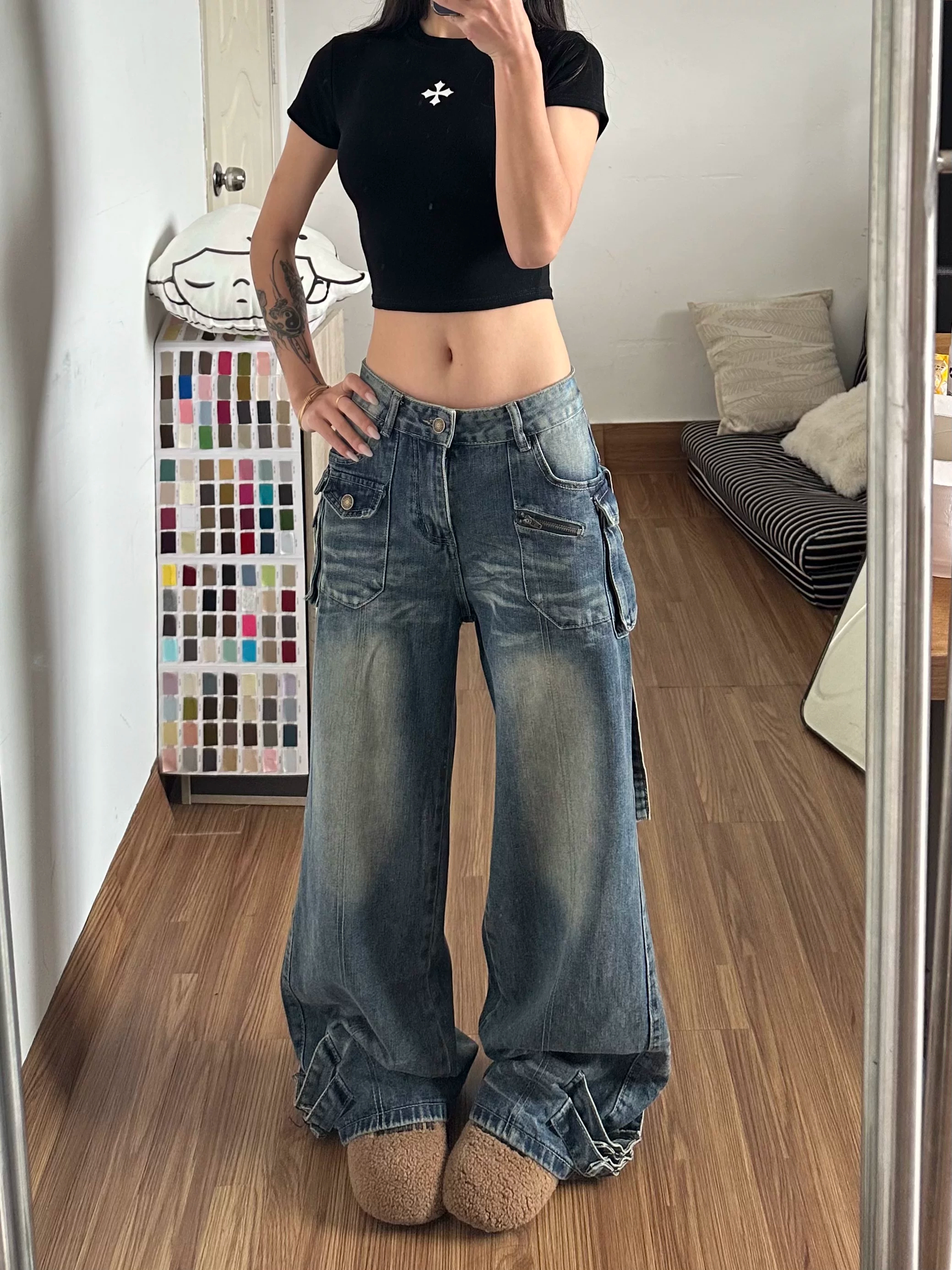 아메리칸 레트로 거리 워크웨어 바람 넓은 다리 캐주얼 청바지 마 오래된 워싱 새로운 패션 하이웨이스트 스트레이트 긴 바지