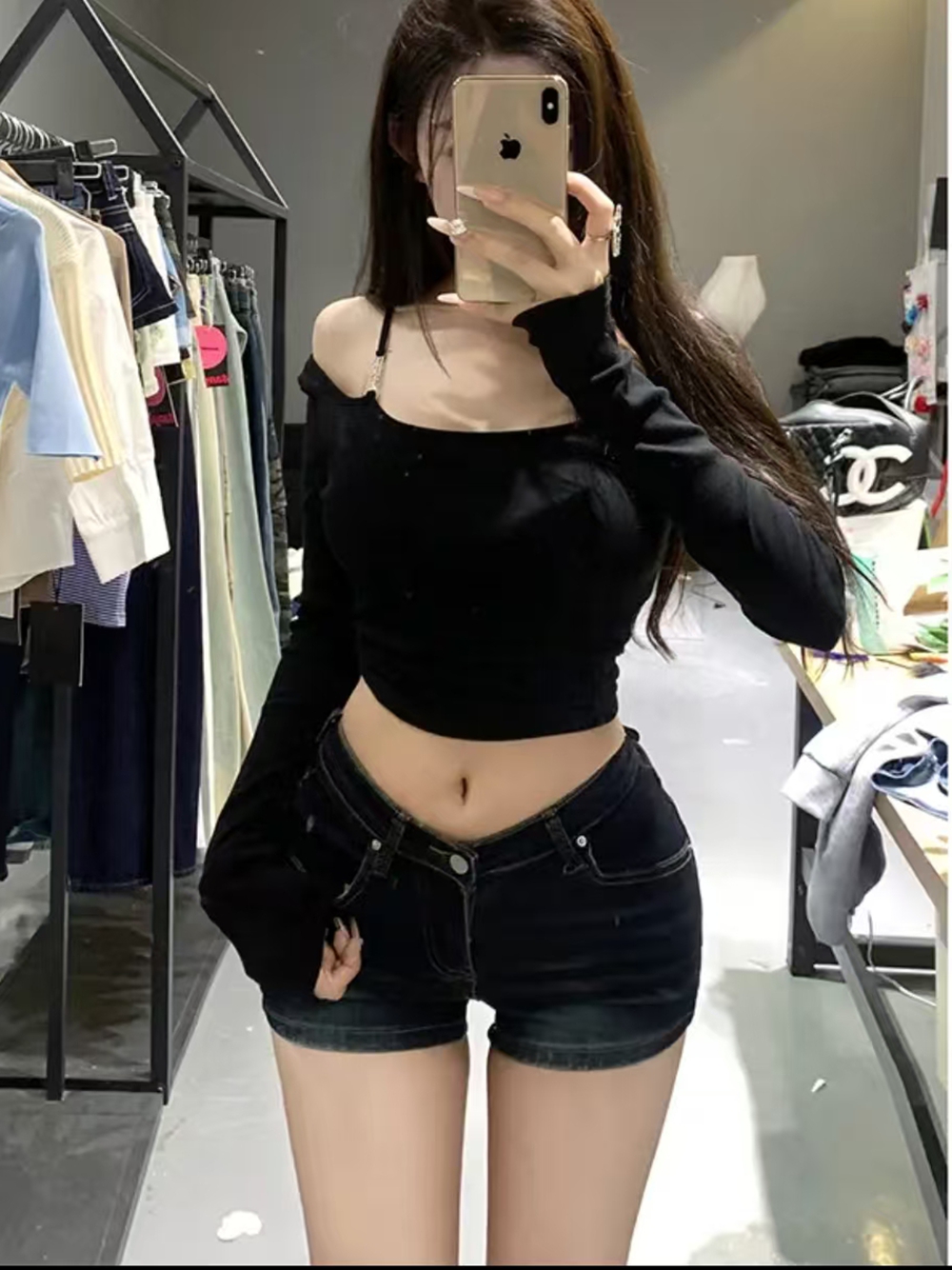아메리칸 트렌드 하이웨이스트 v 종류 섹시함 펭 넓적 다리 데님 반바지 새로운 허리 수축 리프트 엉덩이 슬림해 보이는 디스플레이 다리 길이 핫 바지