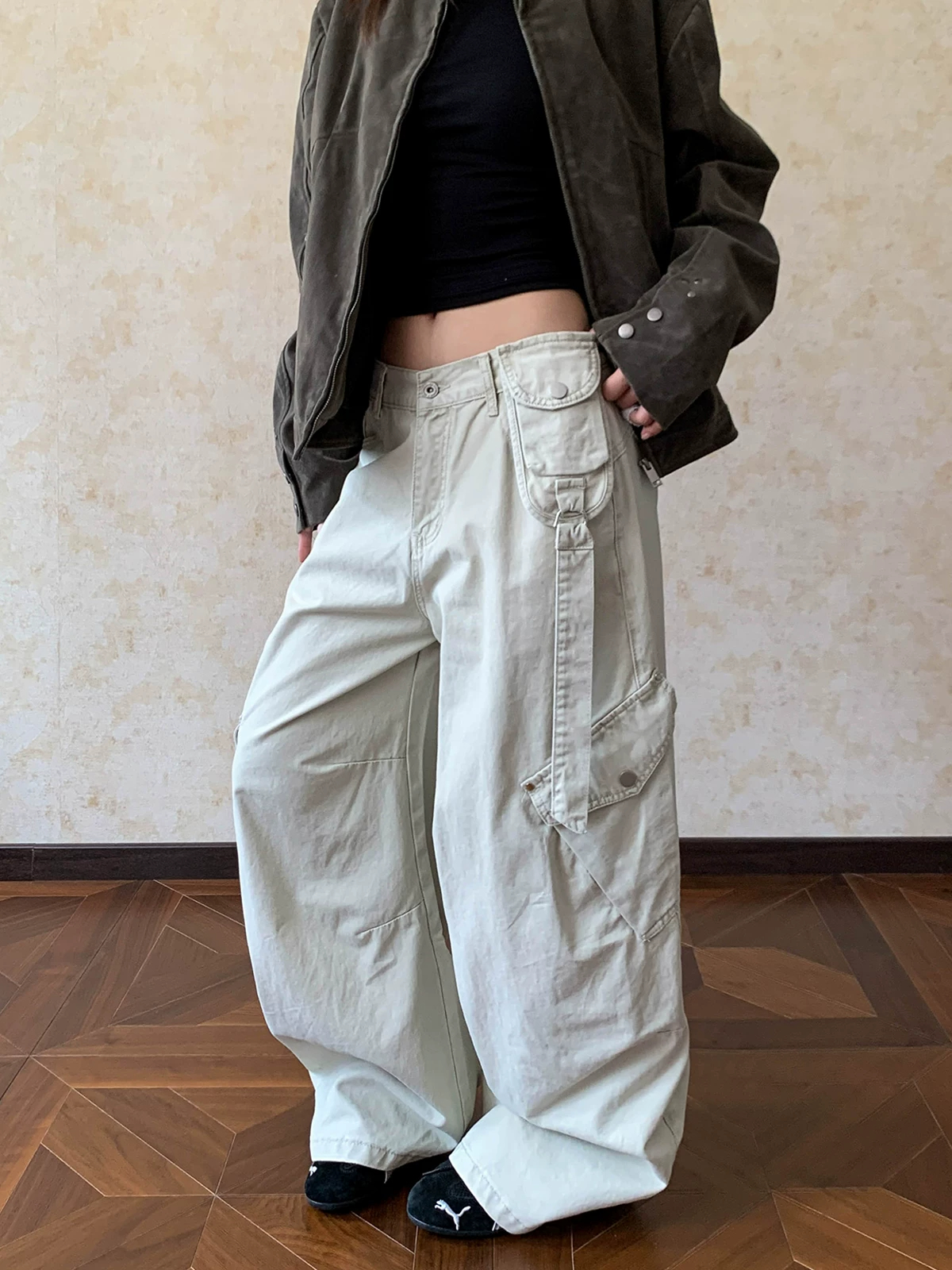 패션 높음 거리 워싱 마 오래된 기타 주머니 워크웨어 팬츠 아메리칸 baggy 루즈핏 한 마디 핏 스타일 넓은 다리 모통이 칼 긴 바지