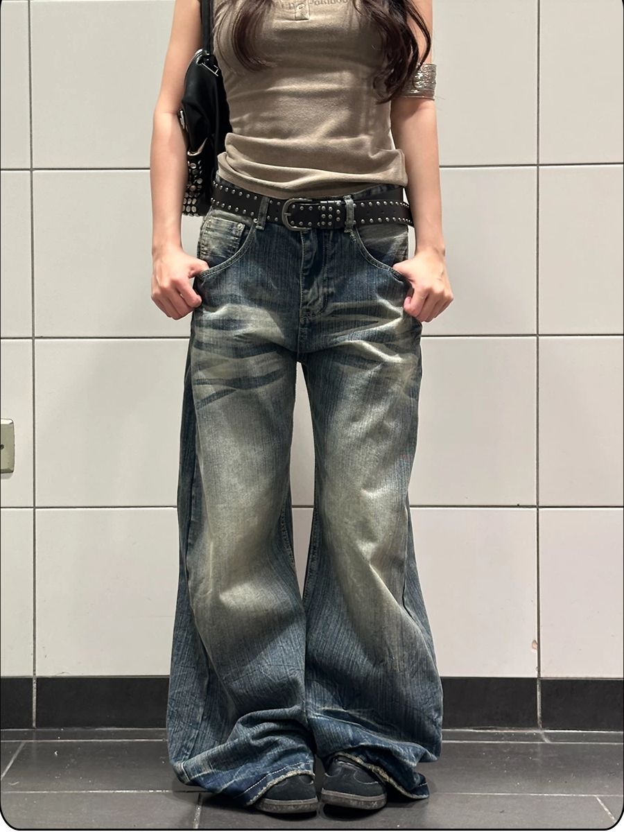 아메리칸 레트로 워싱 마 오래된 트렌드 작은 대중 하이웨이스트 루즈핏 고양이 반드시 곡물 루즈핏 청바지 캐주얼 다용도 긴 바지