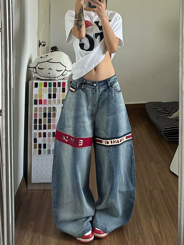 아메리칸 패션 높음 거리 다용도 스트라이프 넓은 다리 청바지 바지 하이웨이스트 루즈핏 패치워크 작은 대중 슬림해 보이는 바닥 청소 바지