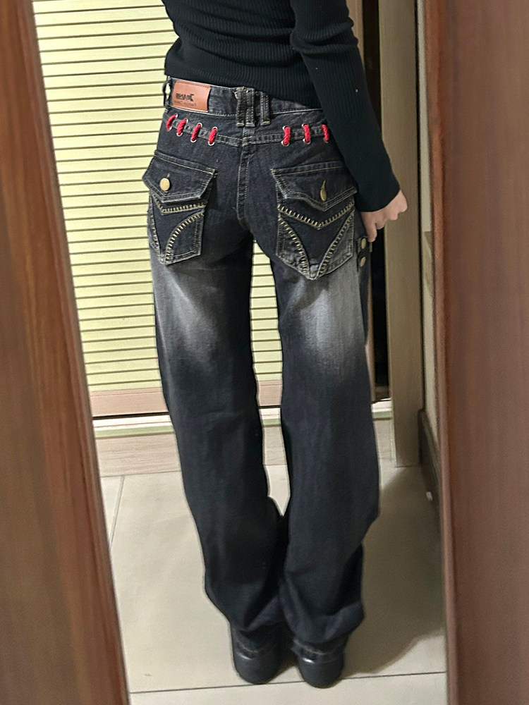 아메리칸 레트로 해체 패치워크 트렌드 다용도 청바지 패션 넓은 다리 거리 명시적 스티치 디자인 슬림해 보이는 긴 바지