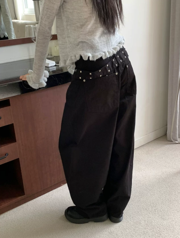 아메리칸 레트로 다용도 징 디자인 다용도 루즈핏 슬림해 보이는 넓은 다리 청바지 여성 레저 풍선 워크웨어 긴 바지