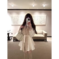 批发NAOAO 西棠佳人 小说女主感白色毛呢拼仿皮草收腰<b class='q'>连衣裙</b>大衣