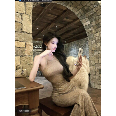 批发灰尘邓邓 法式<b class='q'>挂</b><b class='q'>脖</b>露背<b class='q'>挂</b><b class='q'>脖</b>吊带<b class='q'>连衣裙</b>