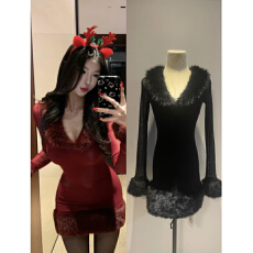 批发Fart Shop甜酒变奏曲 黑红色长袖毛领<b class='q'>连衣裙</b>女秋冬包臀短裙