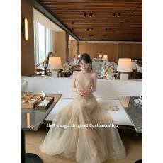 批发法式<b class='q'>连衣裙</b>女高级感名媛千金晚礼服订婚礼服重工镶钻网纱挂脖长裙