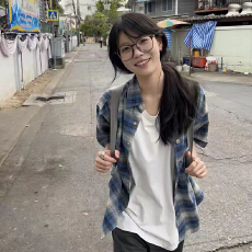 批发夏季蓝色格子衬衫女短袖男女薄款设计感小众美式复古防晒衬衣外套