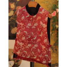 批发高端真丝宋锦织锦缎马甲背心女款国风新中式刺绣红色本命年外套