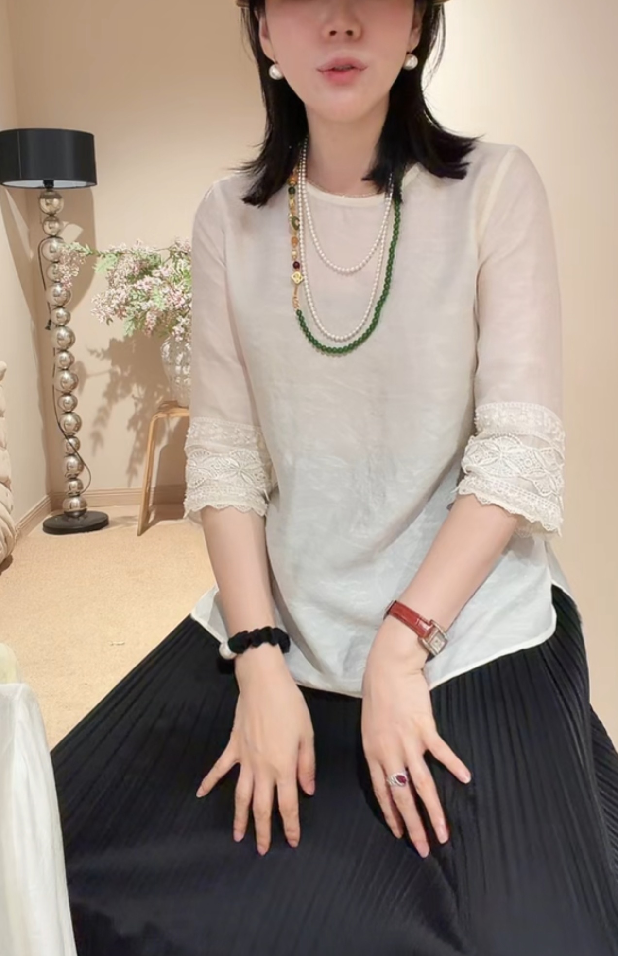 중간 소매 커프스 자수 주문 구슬 여름 섹션 작은 셔츠