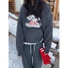 套头圆领深灰色牛绒短款针织毛衣女蝴蝶结小象保暖上衣宽松秋冬新