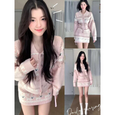 批发韩系圣诞费尔岛针织开衫女小个子提花毛衣外套两件套上衣+半身裙