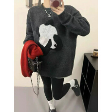 批发慵懒风熊猫提花羊毛针织衫2025冬季新款女韩版时尚软糯<b class='q'>中长款</b><b class='q'>毛衣</b>