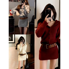 批发法式红色连帽针织衫<b class='q'>连衣裙</b>子女高级感收腰气质毛衣包臀短裙秋冬季