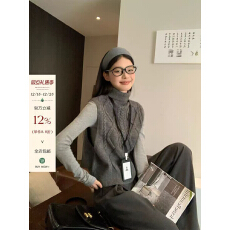 批发宋正恩深灰色高领针织马甲女<b class='q'>冬</b>季高智感前后两穿毛衣背心叠穿上衣