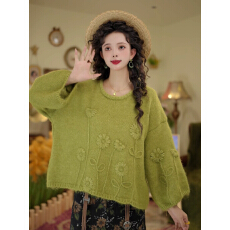 批发绿色<b class='q'>毛衣</b>百搭显瘦时尚设计感秋装女2025<b class='q'>新款</b>立体勾花宽松针织上衣
