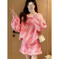 批发2026超火冬装一整套巨好看独特漂亮千金小香风粉色针织毛衣